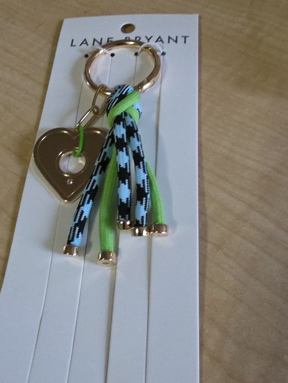 Lane Bryant Neon Green & Black Tassel Keychain with Gold Heart